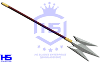 our replica of charlotte katakuri's spear is full tang one piece metallic trident spear which is 65in long (longer than Karakuri's black spear)