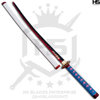 mitsuri's nichirin sword is forged from high quality carbon steels. the blade is 29in long that has red hamon and golden hashira resolution on it. the handle is full tang with cotton cord wrapped handle. 